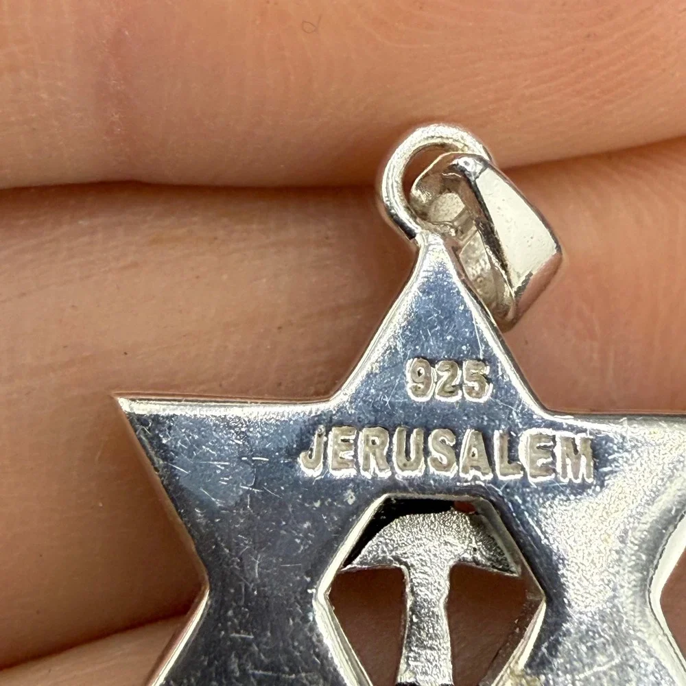 Vintage Jerusalem Pendant Sterling Silver Star of David Cross Marcasite